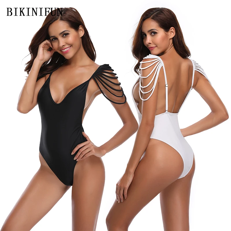 Женский сплошной купальник с бахромой Одноцветный открытыми плечами и открытой