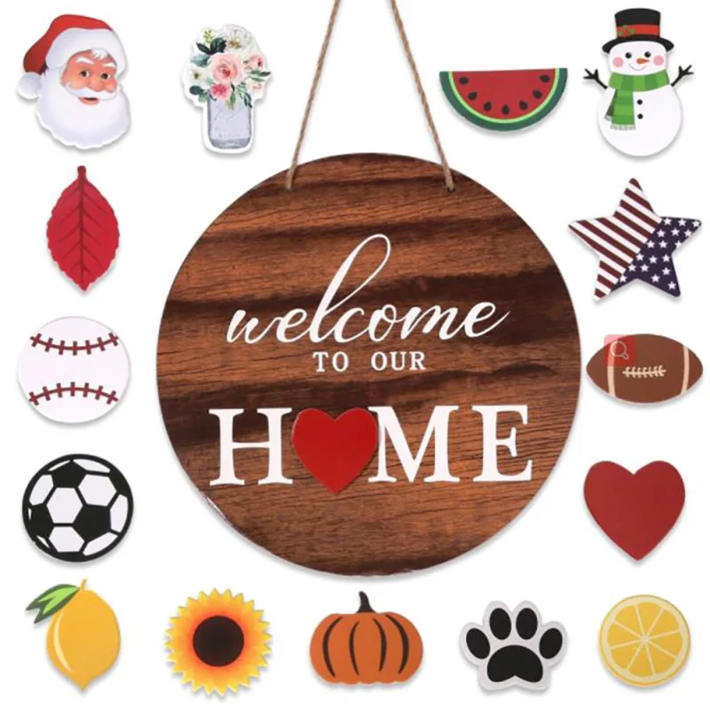 

DIY Welcome Wreath Round Wooden Pendant Hanging Ornament Home Door Decor Sign Artificial Flower Garland Home Decoration