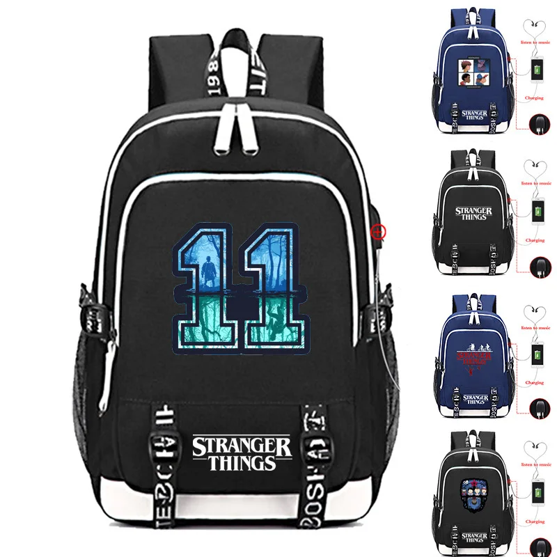

Stranger Things USB Canvas Backpack for Teenager Student Waterproof Schoolbag Letters Print USB Charge Luminous Travel Backpacks