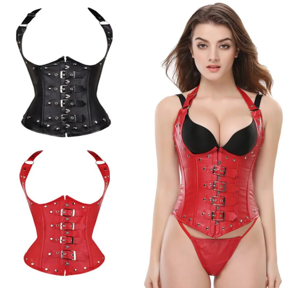 

Sexy Halter Leather Gothic Corselet Clubwear Costume Dancerwear Clothing Waist Trainer Underbust Corset Plus Size 6XL