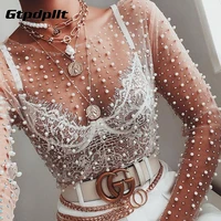gtpdpllt sexy see through t shirt women mesh patchwork diamonds pearl slim t shirts elegant crop tops female 2020 spring clothes