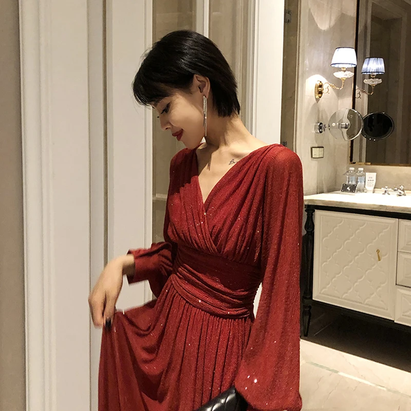 

Vintage Glitter Long Maxi Dress Women Spring High Waist Long Sleeve Elegant Boho Dress Shiny Party Dress Plus Size Sexy A872