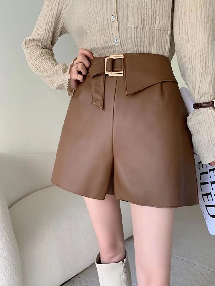 

Повседневные женские шорты из натуральной кожи, короткие женские шорты из натуральной овечьей кожи с высокой талией и поясом в Корейском стиле, 2022