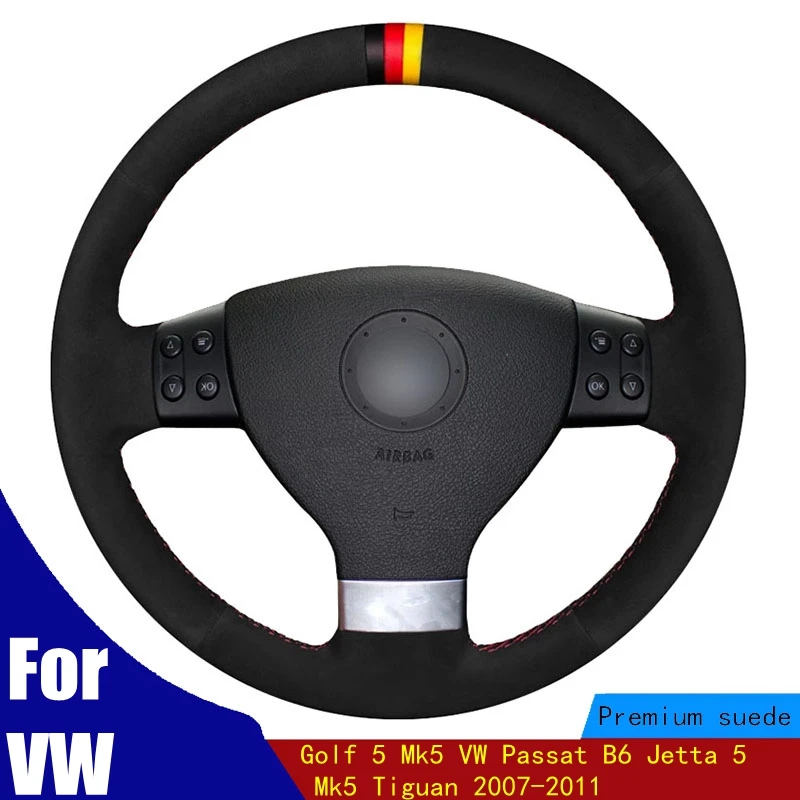 

Car Steering Wheel Cover Black Suede For Volkswagen Golf 5 Mk5 VW Passat B6 Jetta 5 Mk5 Tiguan 2007-2011 Braid Four Seasons