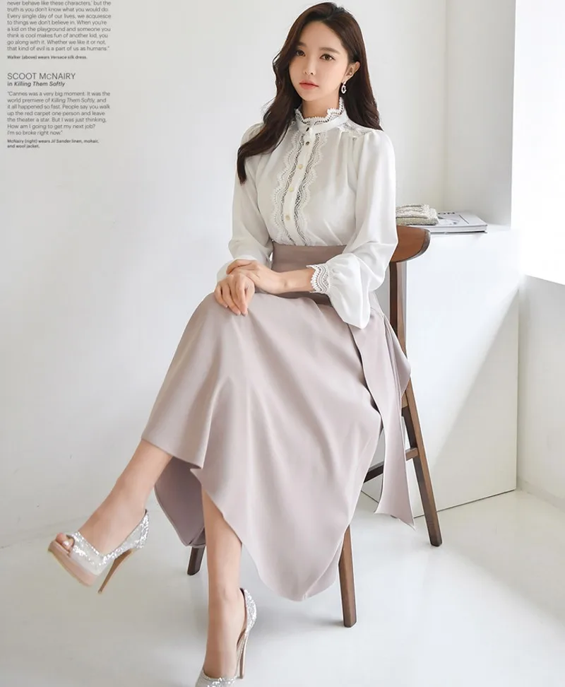 

spring autumn Elegant Women Stand Collar White Lace Patchwork Lantern Sleeve Blouse +Hight Waist Ruffles Skirt 2 Piece Sets