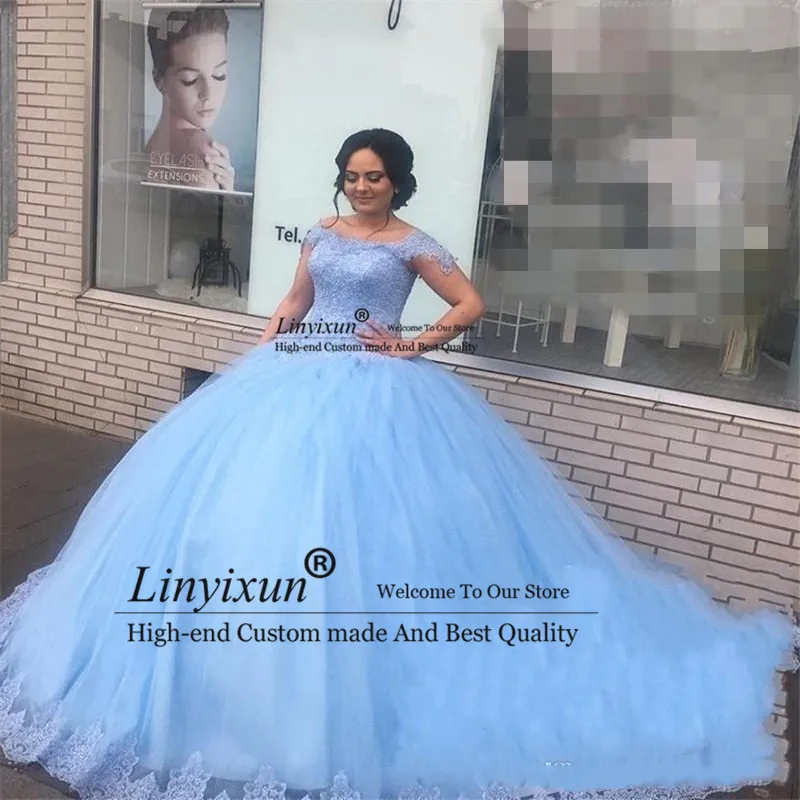 

Light Blue Lace Sweet 16 Quinceanera Dresses Ball Gown Off Shoulder Beaded Puffy Tulle Masquerade vestidos 15 anos Birthday Prom