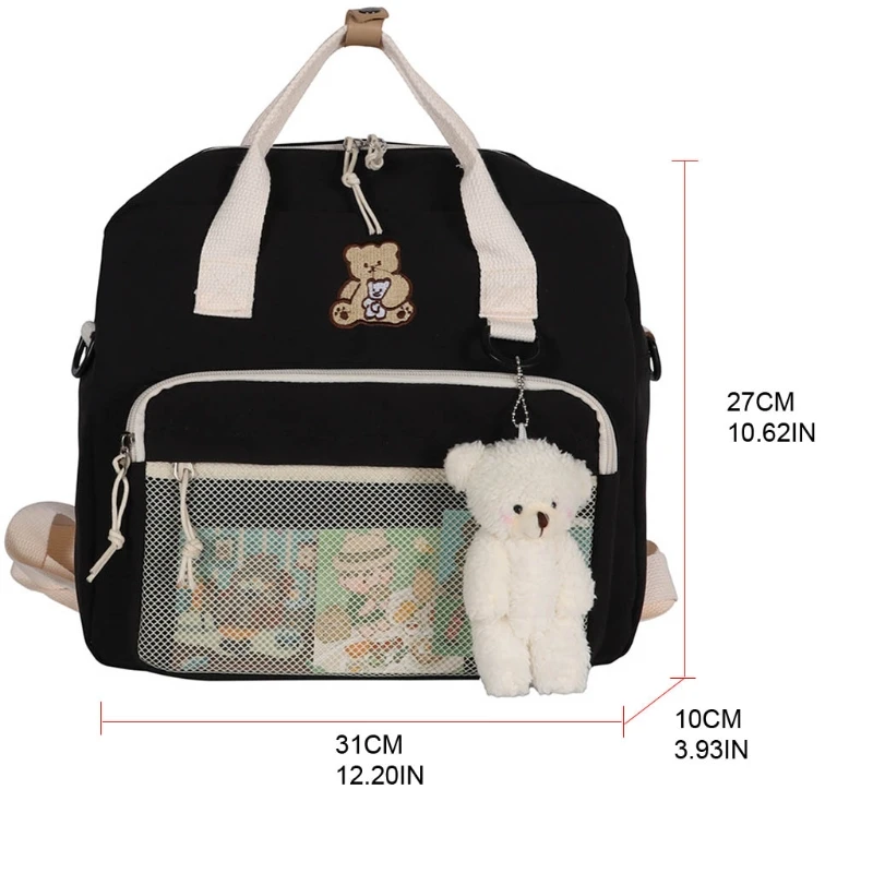 

Cute Bear Labeling Print Backpack Mesh Front Pocket Handbag Multipurpose Teenage Girl Portable Travel School Student
