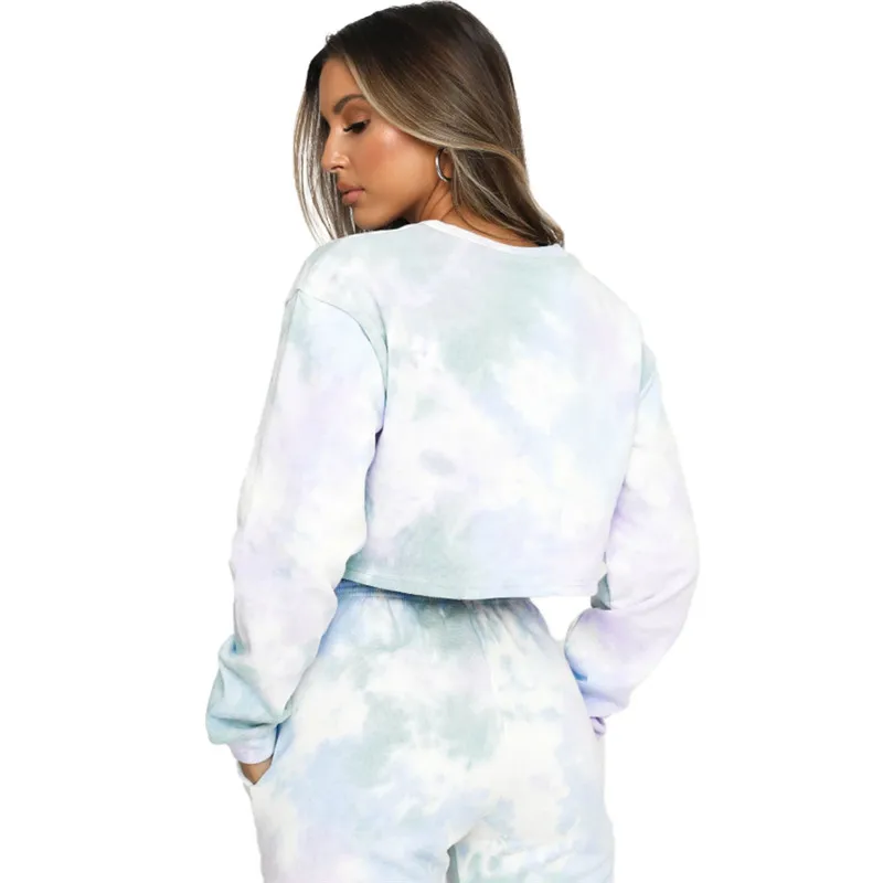 2 Pieces Suit Set Women’ s Tie-Dye Print Round Neck Long Sleeve Crop Top+ Trousers S/M/L/XL/XXL |