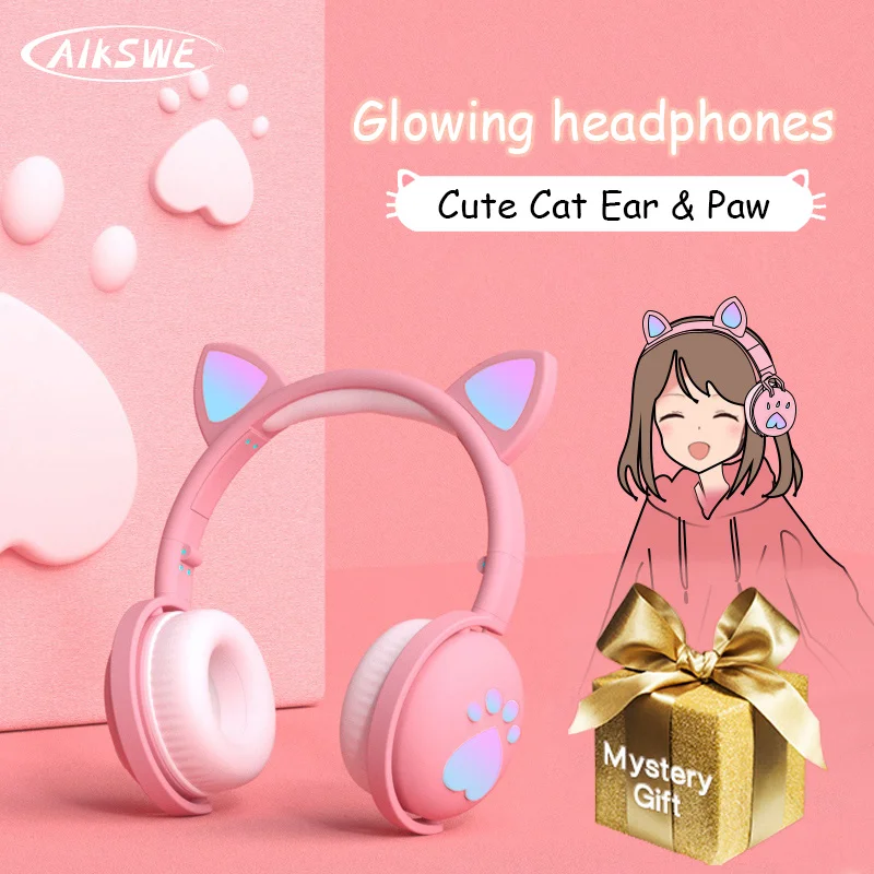 

AIKSWE Bluetooth Headphones Glowing Cute LED Cat Ear Paw Wireless HIFI Stereo Bass 3.5mm Plug With Mic For Kids Girls Gift