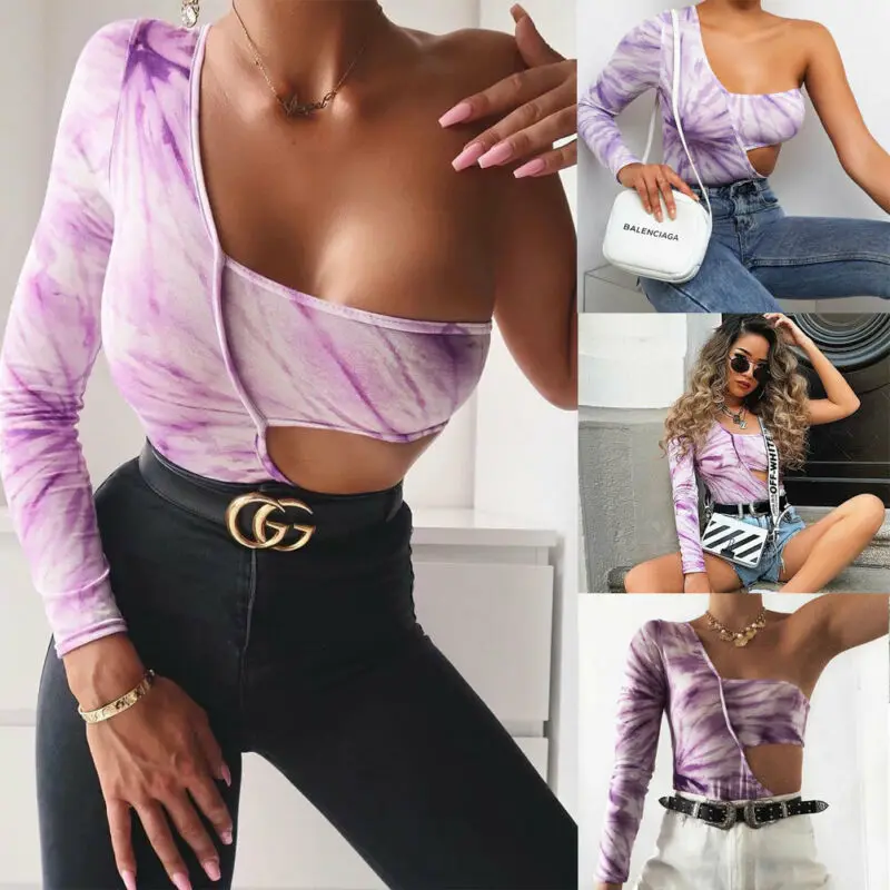 Женское боди на одно плечо фиолетового цвета элегантное осеннее облегающее с