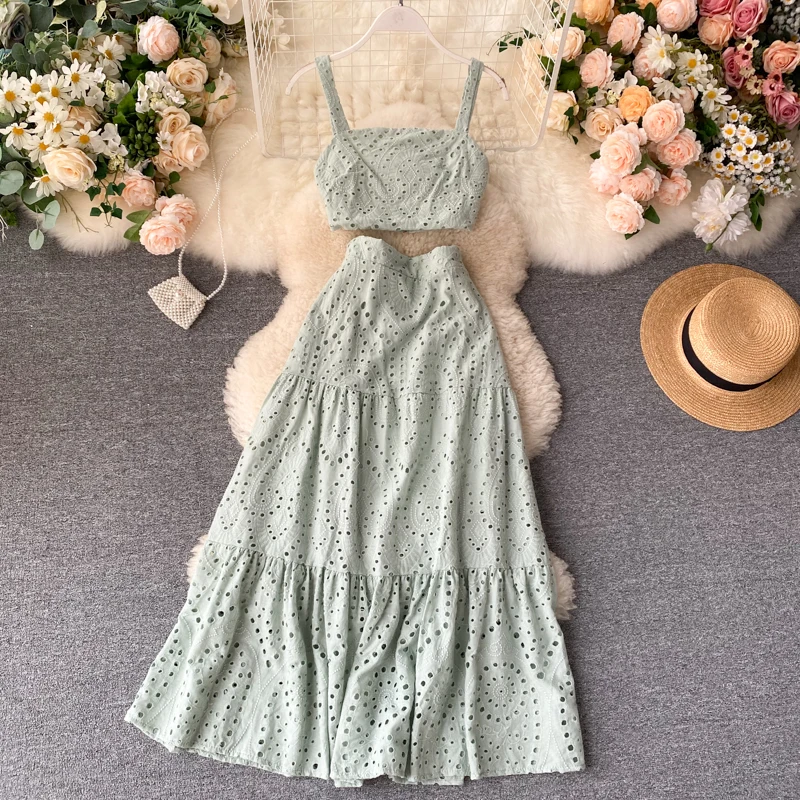 

Women Summer 2020 New French Vacation Two Pieces Set Hollow Off Shoulder Strap Short Tops+Hollow High waist Midi Skirt