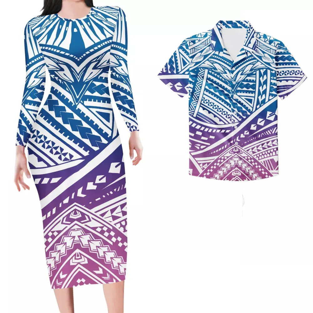 

HYCOOL Plus Size Samoan Dresses For Women Party Wholesale Tribal Print Polynesian 2pcs Couple Clothes Maxi Dress Match Men Shirt