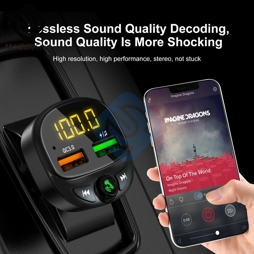 Автомобильное зарядное устройство Quck с двойным USB-портом, Bluetooth 5,0, вольтметр QC3.0, контроль напряжения, универсальный для мобильных телефонов... (art.: 3a39fc1328d) - 3a39fc1328d