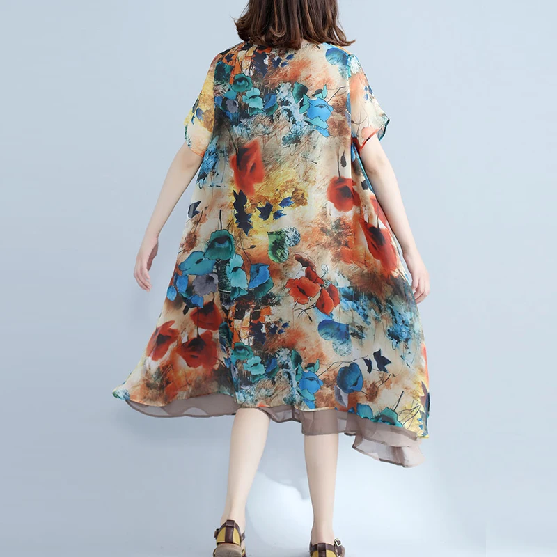 

Chiffon Oversized Women Dresses 2020 Summer New O-Neck Short-Sleeved A-Line Knee-Length Female Dresses Top Quality