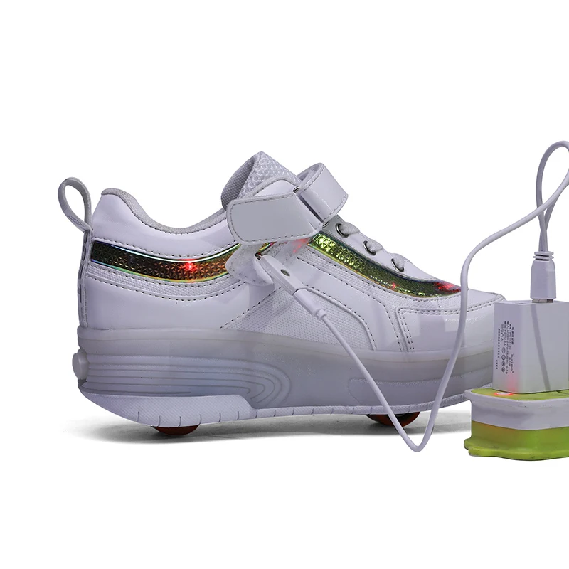 

Children Two Wheels Luminous Glowing Sneakers Black Pink Led Light Roller Skate Shoes Kids Led Shoes Boys Girls USB Charging