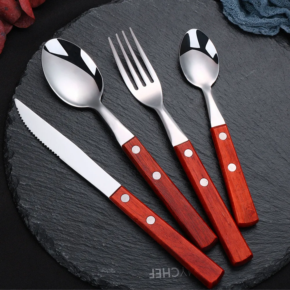 

24Pcs Wood Dinnerware Sets Cutlery Stainless Steel Coffee Spoon Dinner Forks Knives Spoons Dishes Flatware Kitchen Tableware Set