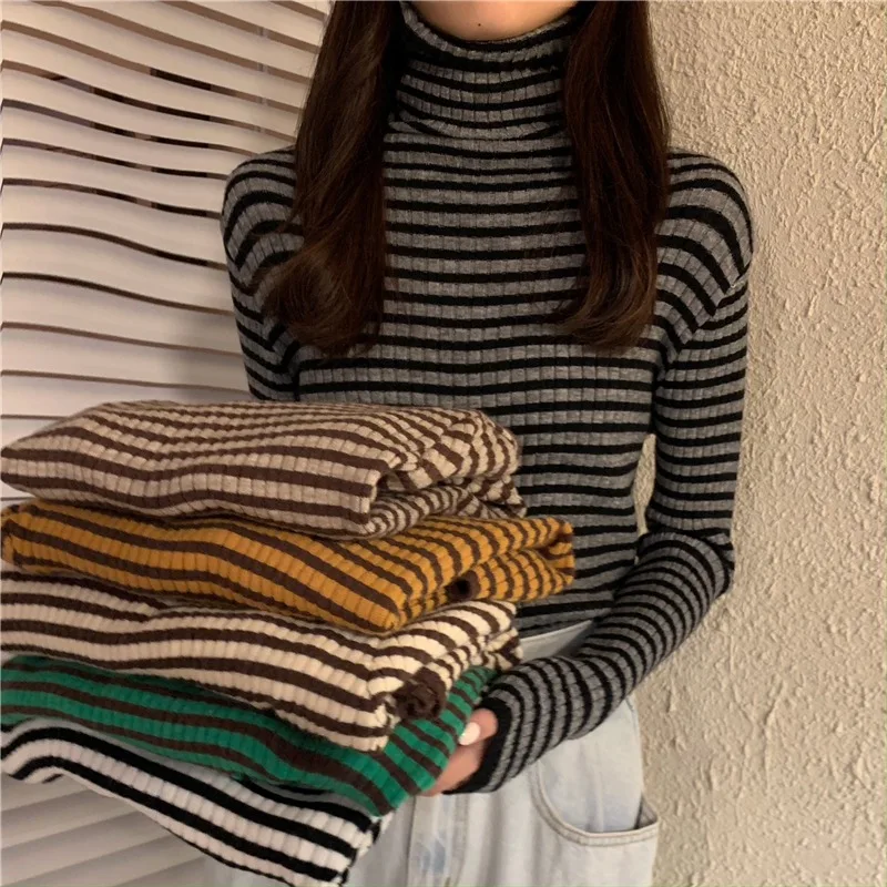 

Retro Long Sleeve Sweater Women Pullover Casual High Turtleneck Knit Tops Female Jumpers Striped Sweater Streetwear