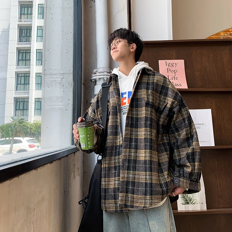 Толстая рубашка в клетку Мужская модная Повседневная с длинными рукавами