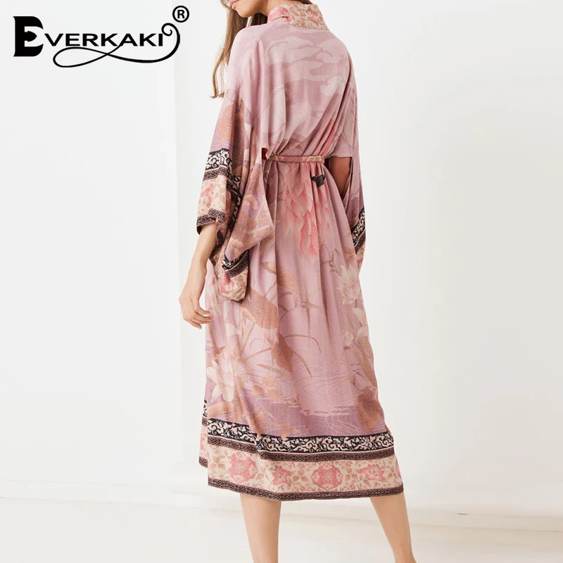 Everkaki Boho Цветочный принт пальто-кимоно женские пояса Розовый Цыганский осеннее женское длинное пальто-кимоно верхняя одежда женская Осень новинка