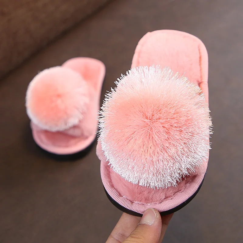 Pink Розовые Тапочки для девочек меховые шлепанцы детская зимняя обувь Домашние тапочки для малышей Домашняя обувь для девочек милые домашние тапочки для взрослых - Цвет: Pink