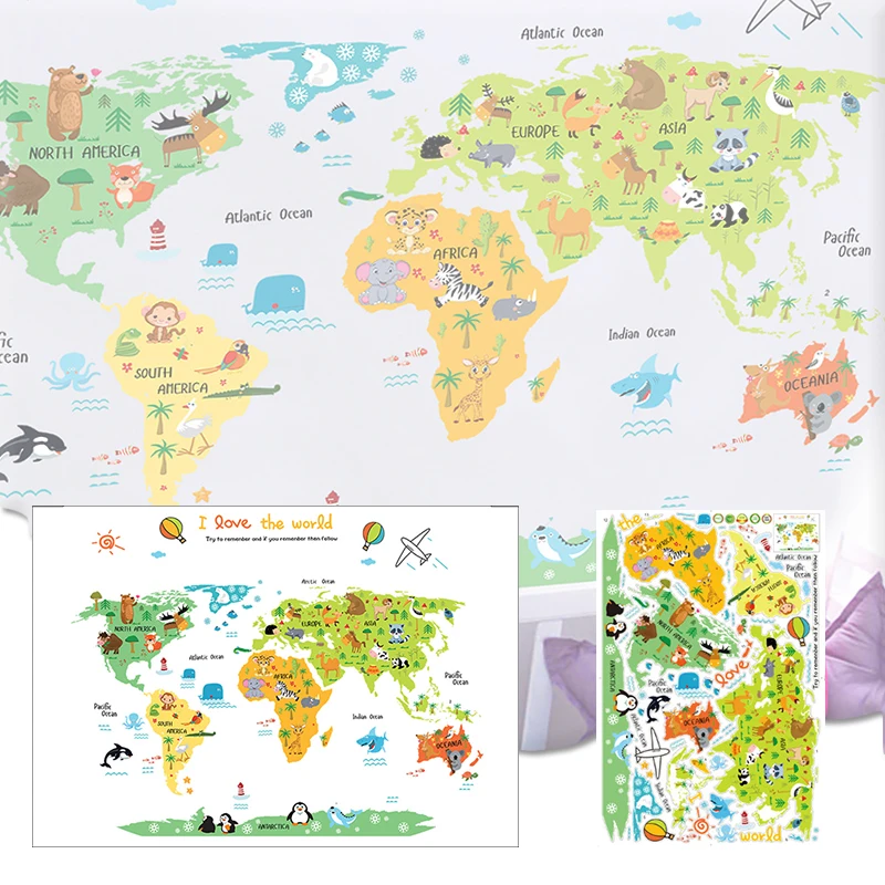 Мультяшная карта мира ПВХ DIY самоклеющиеся виниловые наклейки на стену для