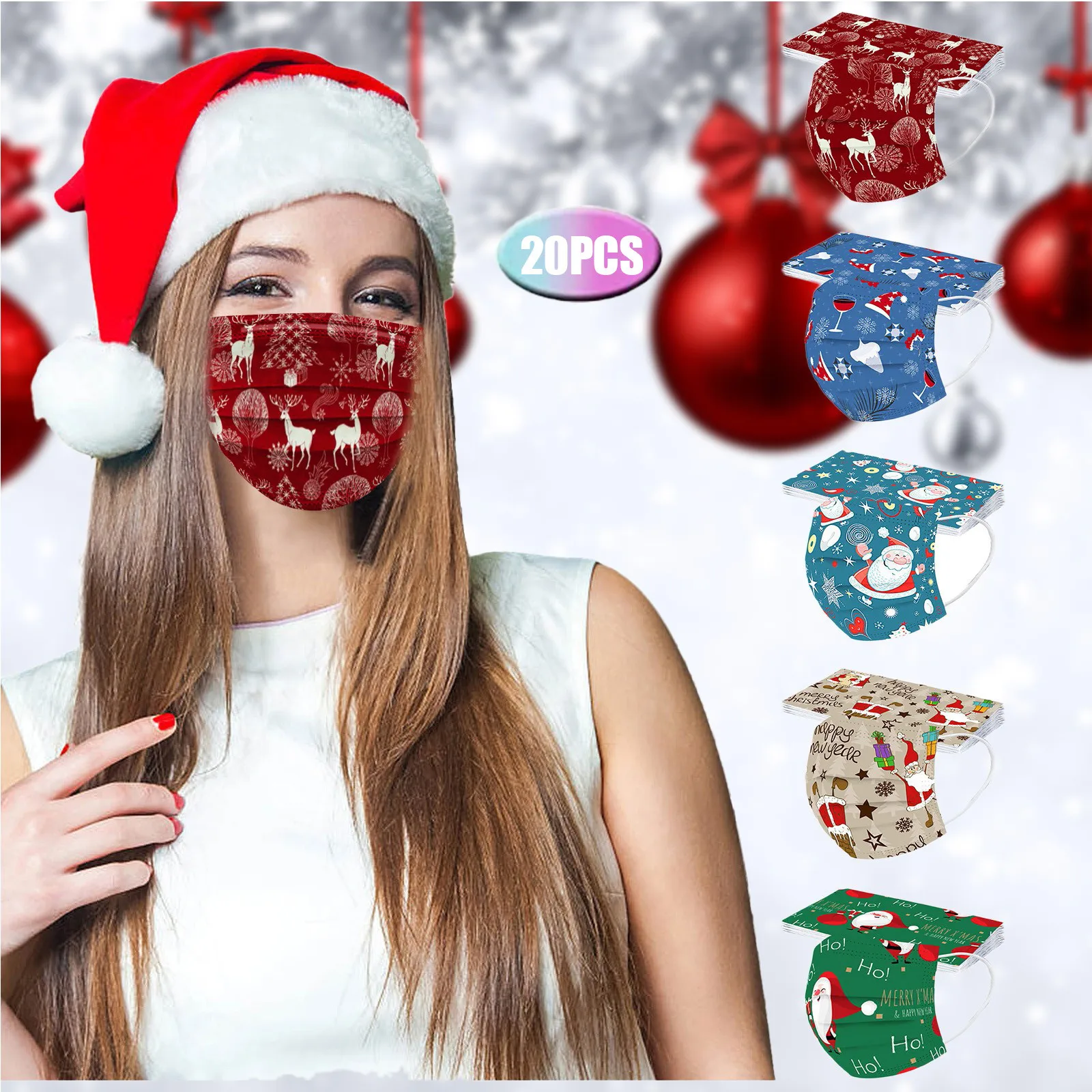 

20pcs Unisex Christmas Masks Disposable Face Mask 3ply Loop Mouth Cover Mask Fashion Decoration Gift Bandana 10/20/50pcs