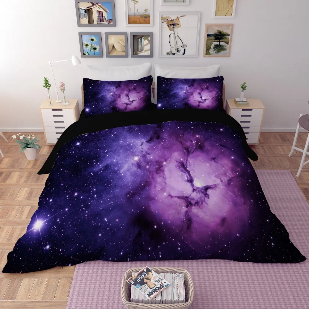 

3pcs Bedding Set 3D Personality Printed Star Universe Galaxy Soft Comforter Cover Pillowcase Duvet Cover purple black bedclothes