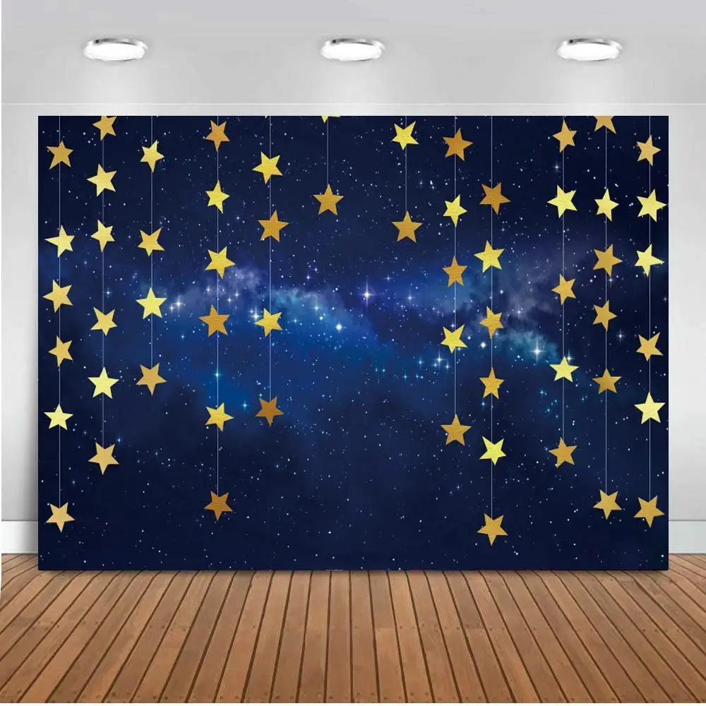 

Фон для детской фотосъемки с изображением ночного золотого звезды голубого неба постер для душа реквизит для фотостудии фоны для фотосъемк...