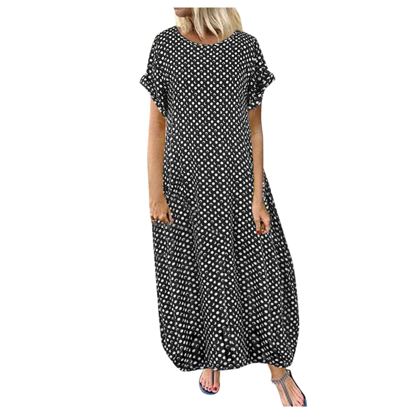 

Summer Casual Dress Polka Dot Print Short Sleeve Round Neck Long Skirt Ankle Length Ruffle Dress Polka Dot Short Sleeve Dress