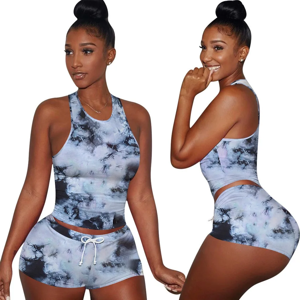 Tie-dye Print Cami Sexy Tank Top women Biker Shorts 2 Two Piece Set 2020 Summer Women Tracksuit Crop Tops streetwear femme | Женская