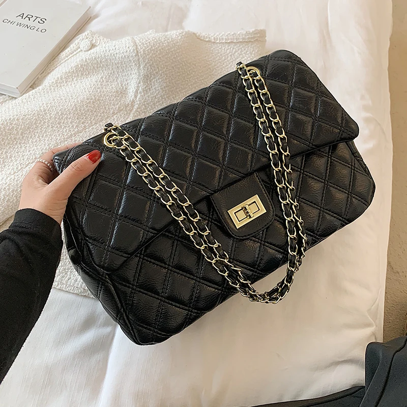 

Lingge PU Leather Women Casual Crossbody Totes Female Simple Black Chain Shopper Shoulder Bags Lady Travel Handbag