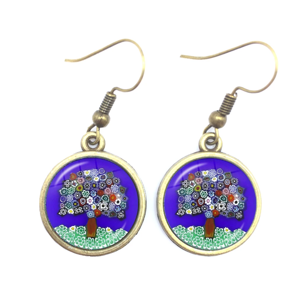 

Tree Of Life Drop Earrings Murano Millefiori 16mm Glass Cabochon Earring Jewelry For Women Girls Gift Wholesale