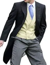 Chaqueta negra a rayas para novio, conjunto de trajes de boda, abrigo + Pantalones + corbata + chaleco amarillo, 3 piezas (2)