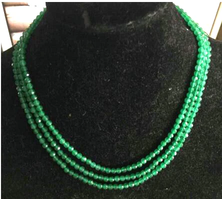 

Natural 3Rows 4mm faceted green jade round beads Necklace 18-20"