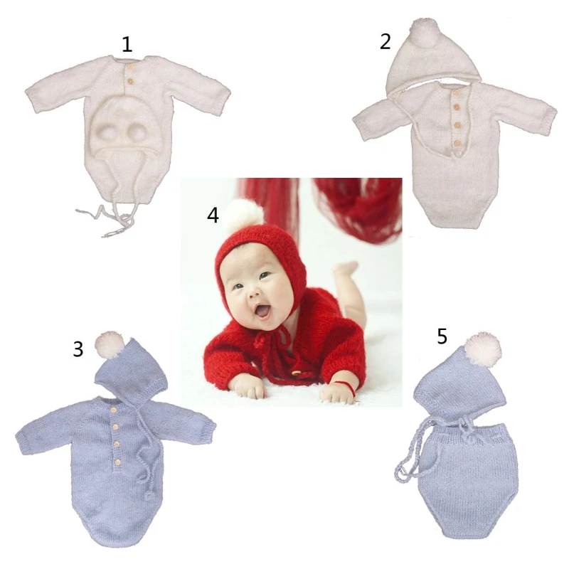 

Crochet Mohair Baby Clothes Newborn Photography Props Girls Boys Hats Romper Set