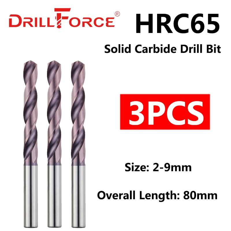 Drillforce 3 шт 2мм 9ммх80мм OAL HRC65 твердосплавные сверла набор спиральная флейта для