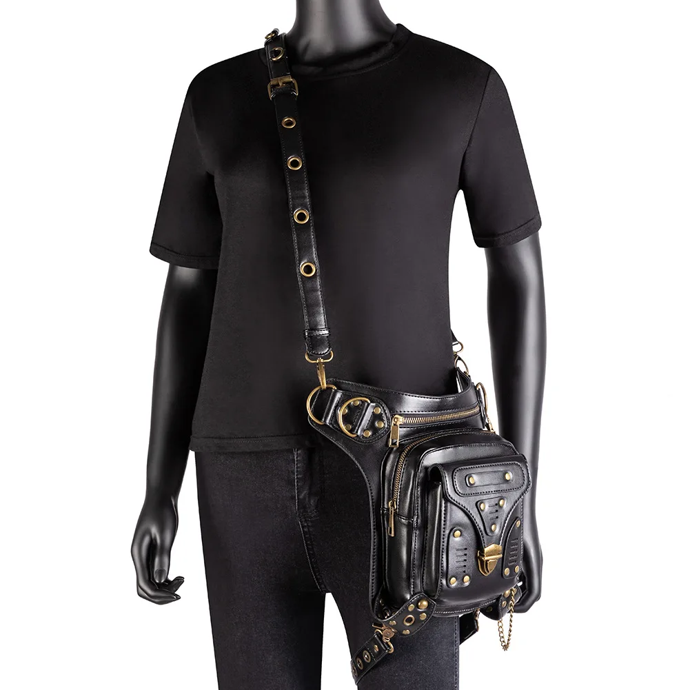 

Women Black Waist Bag Gothic Fanny Packs Motorcycle Hip Hop Leg Bag Steampunk Biker Shoulder Bag for Male Leather Crossbody Bags