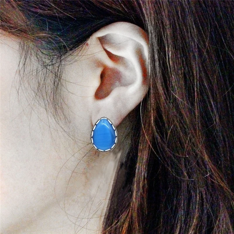 2 Colors Water Drop Opal Earrings Stud Vintage Lady Antique Silver Plated Push Bback Fashion Jewelry TE510|Серьги-гвоздики| |