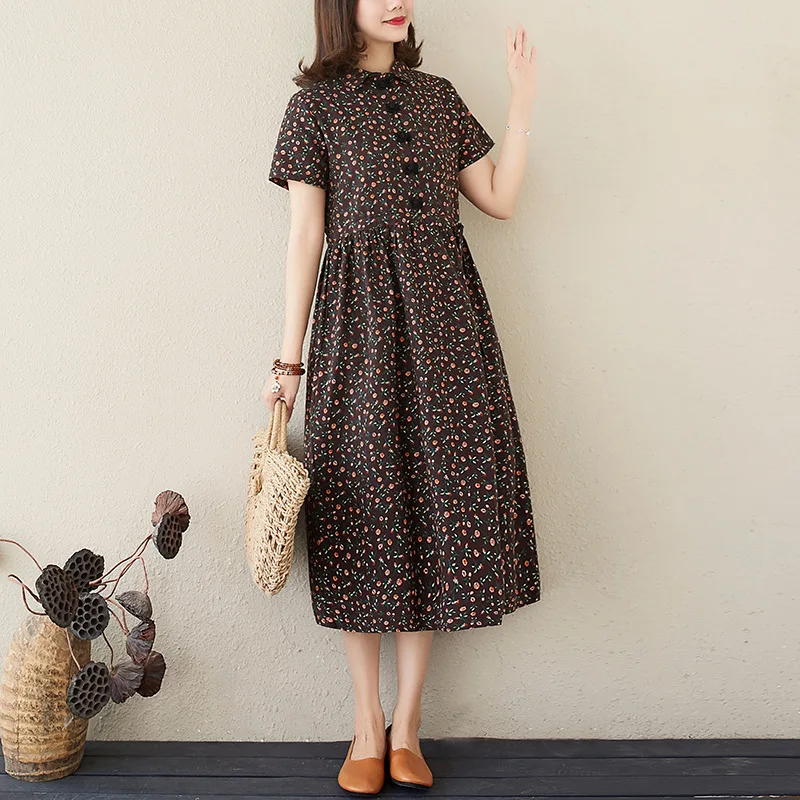 Льняное женское платье Харадзюку летнее свободное с коротким рукавом японское