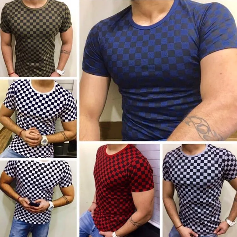 

Men Clothing 2021 European American Summer Hot Sale New Round Neck Printing Plaid Men's Short Sleeve T-shirt