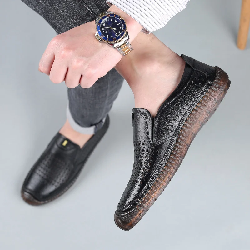 

Breathable Business Dress Shoes Men Sewing Loafers Summer Wear-resistant Round Toe Flats Hollowed Designer Lazy Shoe Pt22-1