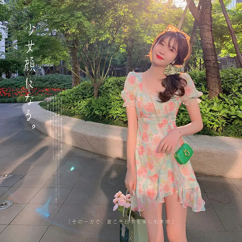 

Oil Painting Skirt Retro Design Sense Square Neck Split Short-sleeved Dress Sexy Generous Princess Print Dress
