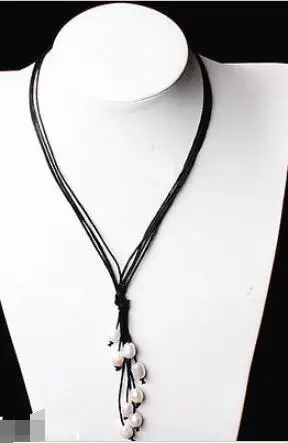 

Fashion Black brown Leather Rope 9-10mm White Pink Freshwater Pearl Necklace