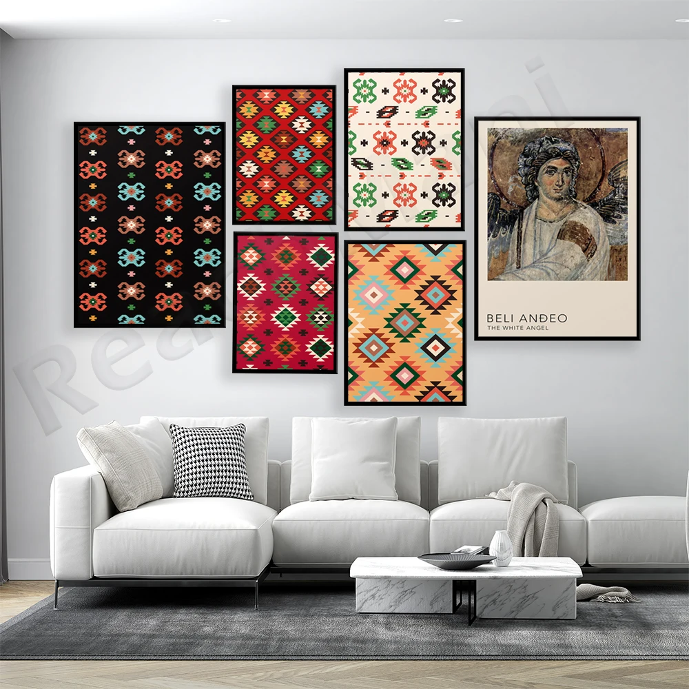 

Cilim poster, ethnic Balkan print, Bohemia, Serbia, Croatia, Bosnia, white horned icon, Serbian Orthodox print, Beli Andjeo