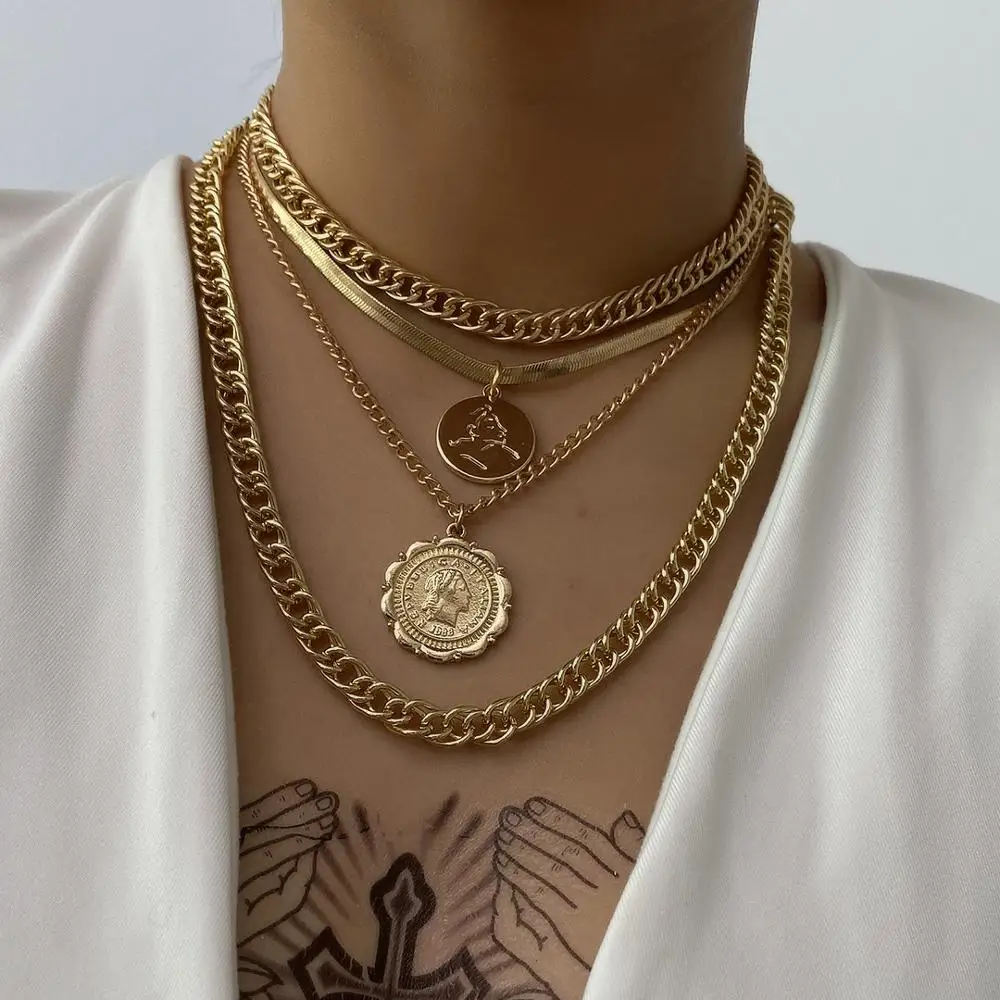 

Layered Coin Pedant Women Necklace Punk Gothic Cuban Link Chain Gold Color Chunky Choker Necklace for Women Sexy Snake Chain