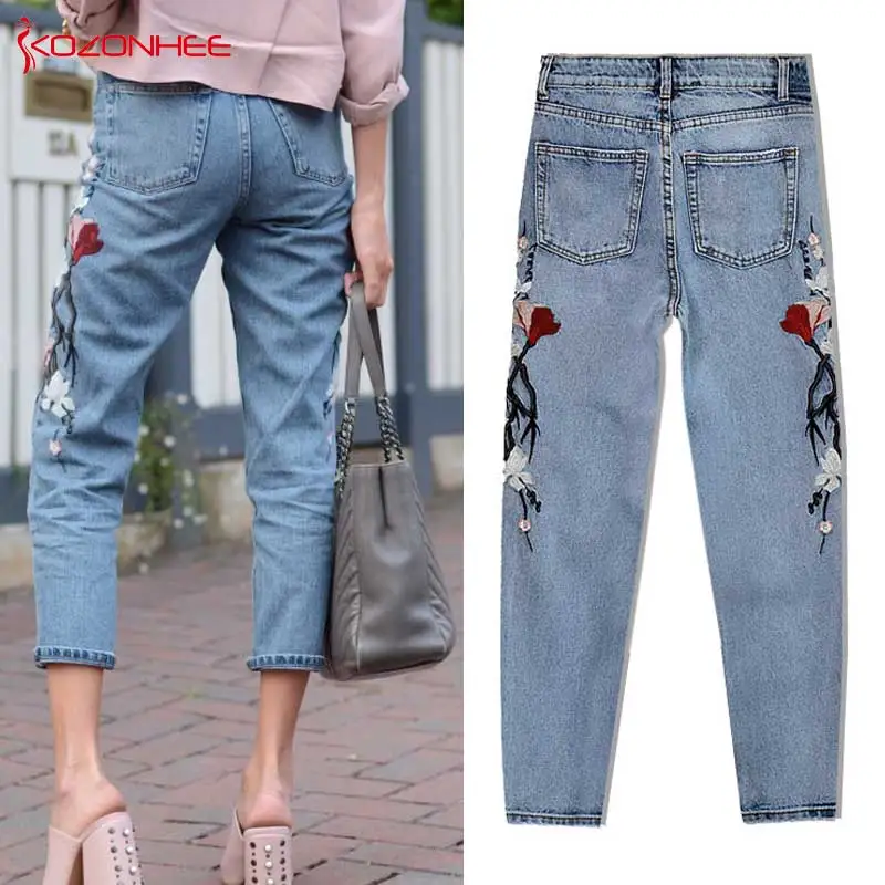 Женские джинсы с объемной вышивкой английские высокой талией размера плюс