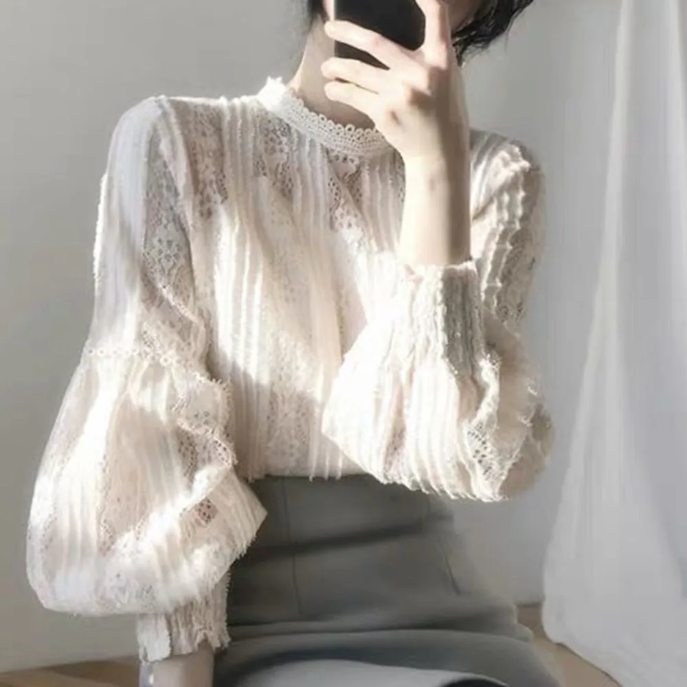 Женская кружевная блузка с ажурным верхом Свободный Тонкий пуловер в Корейском
