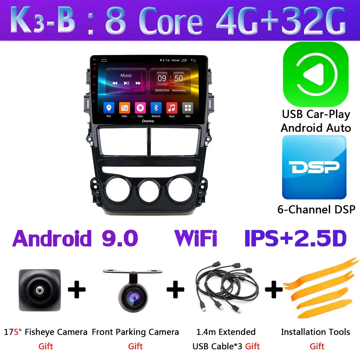 K3-B-CarPlay Панорамная камера 360 ° Android 9,0 Восьмиядерный 4G+ 64G DSP CarPlay Автомобильный плеер для Toyota Yaris Vios MT на gps радио - Цвет: K3-B-CarPlay