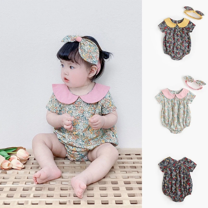 

Newborn Baby Girl Short Sleeve Lapel Romper with Bowknot Headband Vintage Floral Print Bodysuit Jumpsuit Summer Overall Playsuit