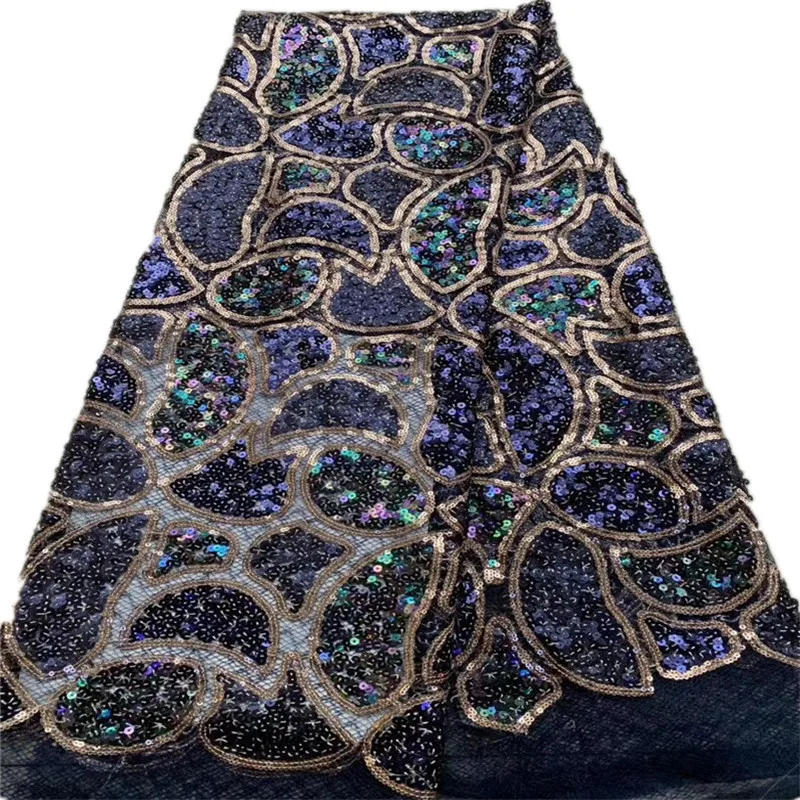 Кружевная ткань в африканском стиле темно синяя Тюлевая кружевная с блестками